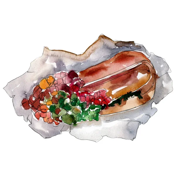 Hot Dog Fast Food isoliert. Aquarell Hintergrundillustration Set. Isolierte Snack Illustration Element — Stockfoto