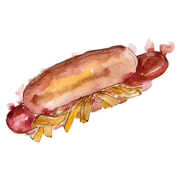 Hot dog fast food isolated. Watercolor background illustration set. Isolated snack illustration element — Stock Photo, Image