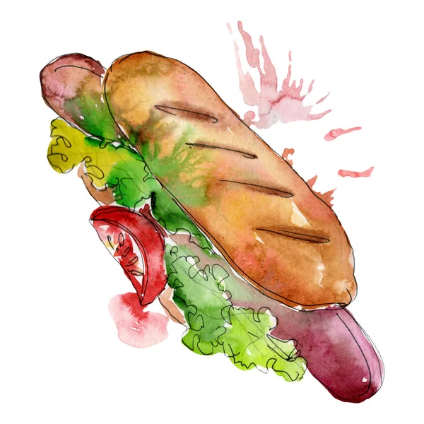 Hot Dog Fast Food isoliert. Aquarell Hintergrundillustration Set. Isolierte Snack Illustration Element — Stockfoto