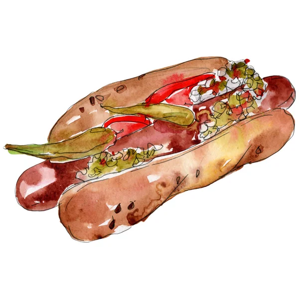 Hot dog Hamburger fast food isolado. Conjunto de ilustração de fundo aquarela. Isolado lanche ilustração elemento — Fotografia de Stock