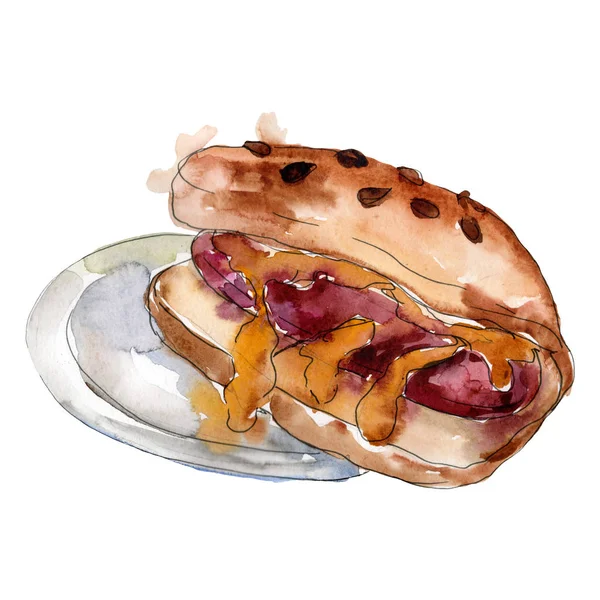 Hot Dog Hamburger Fast food na białym tle. Akwarela zestaw ilustracji tła. Na białym tle przekąska element ilustracji — Zdjęcie stockowe