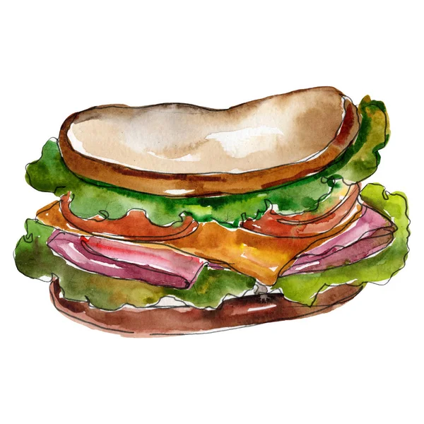 Sandwich in stile acquerello isolato. Acquerello fast food elemento illustrazione su sfondo bianco . — Foto Stock