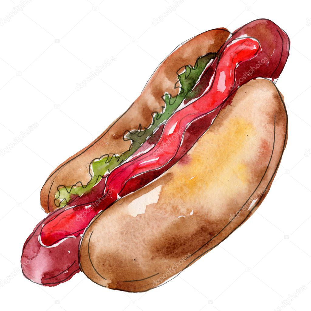 Hot dog Hamburger fast food isolated. Watercolor background illustration set. Isolated snack illustration element