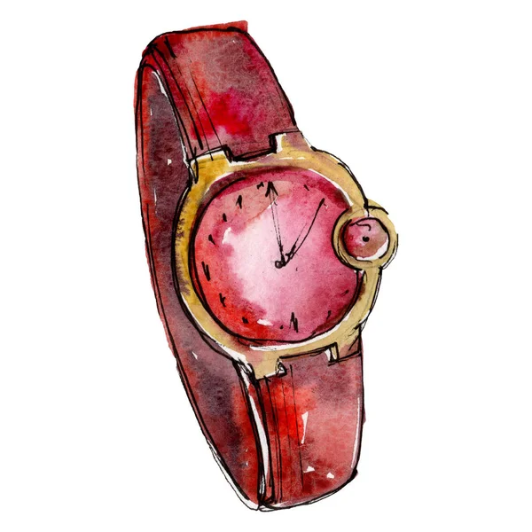 赤い時計スケッチは、水彩画スタイルの孤立した要素でグラマーイラストを描きます。水彩画の背景セット. — ストック写真