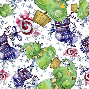 Bir suluboya tarzı izole Noel kış tatili sembolü. Kova noel dikişsiz desen.