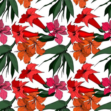 Vektör Tropikal çiçekler ve izole yaprakları. Siyah ve beyaz oyulmuş mürekkep sanatı. Kesintisiz arka plan deseni.