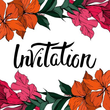 Vektör Tropikal çiçekler ve izole yaprakları. Siyah ve beyaz oyulmuş mürekkep sanatı. Çerçeve kenarlık süs karesi.