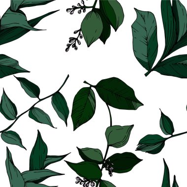 Vektör Tropikal çiçekler ve izole yaprakları. Siyah ve beyaz oyulmuş mürekkep sanatı. Kesintisiz arka plan deseni.