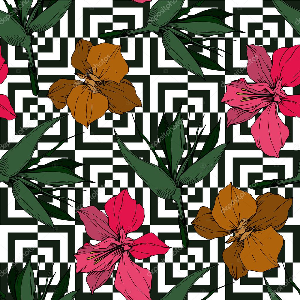 Vector Tropical flowers and leaves isolated. Black and white engraved ink art. Seamless background pattern.