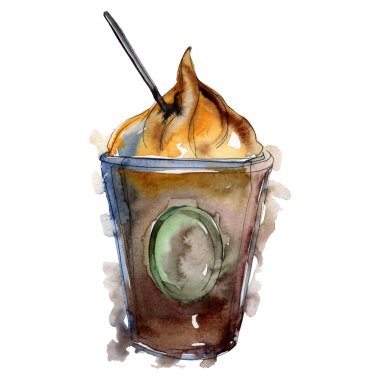 Kahve sıcak meşrubat. Suluboya arka plan illüstrasyon seti. İzole kahve illüstrasyon elemanı.