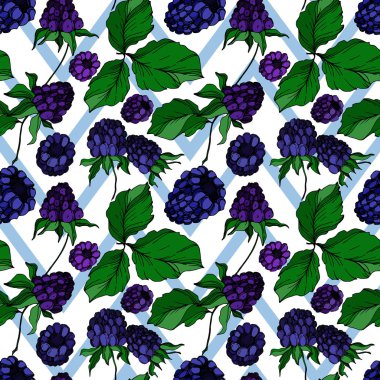 Vektör Blackberry sağlıklı gıda. Siyah ve beyaz oyulmuş mürekkep sanatı. Kesintisiz arka plan deseni.