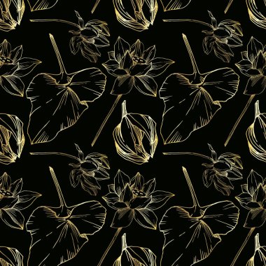 Vektör Lotus çiçek botanik çiçek. Siyah ve beyaz oyulmuş mürekkep sanatı. Kesintisiz arka plan deseni.