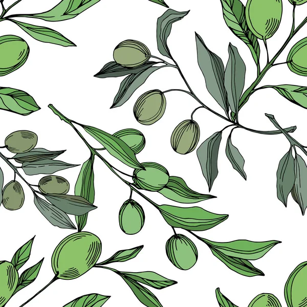 Vector Rama de olivo con fruta. Tinta grabada en blanco y negro. Patrón de fondo sin costuras . — Vector de stock