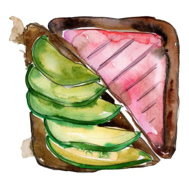 İzole bir suluboya tarzında sandviç. Beyaz zemin üzerine suluboya lokanta illüstrasyon öğesi.