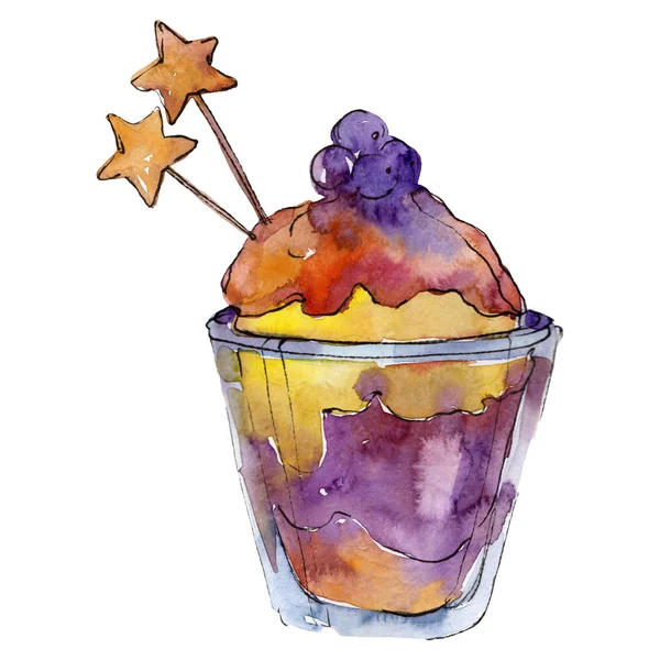 Tasty ice cream ball in glass watercolor style isolated. Aquarelle sweet dessert. Background illustration set. — Stock Photo, Image