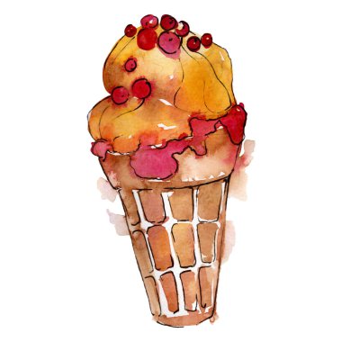 İzole bir sulu boya stilinde lezzetli dondurma külahı. Aquarelle tatlı tatlı. Arka plan illüstrasyon seti.