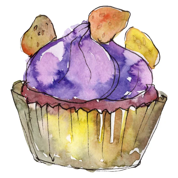 Välsmakande tårta i akvarell stil. Uppsättning med bakgrunds illustration. Akvarell ritning mode Aquarelle isolerad — Stockfoto