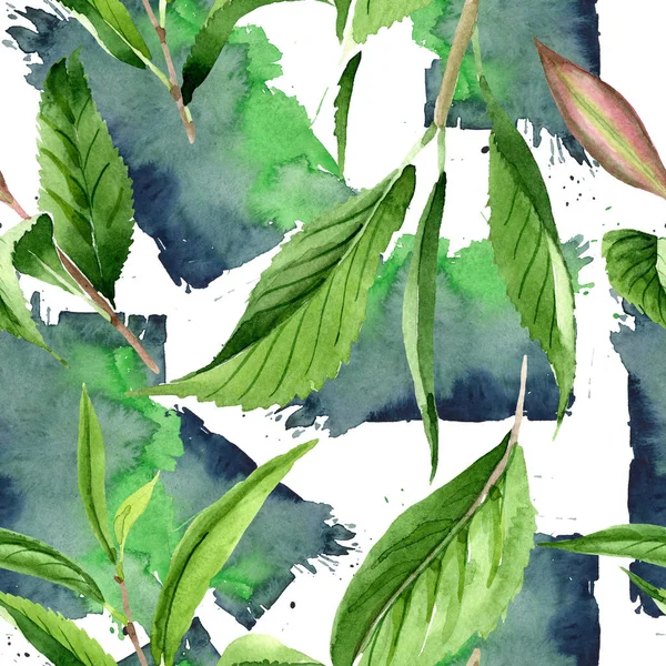 Green tea leaves. Watercolor background illustration set. Seamless background pattern. — Stock Photo, Image