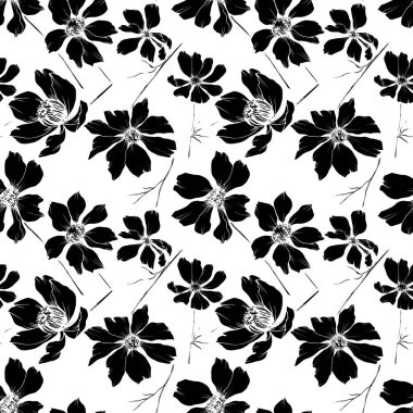 Vektör Cosmos çiçek botanik çiçekler. Siyah ve beyaz oyulmuş mürekkep sanatı. Kesintisiz arka plan deseni.