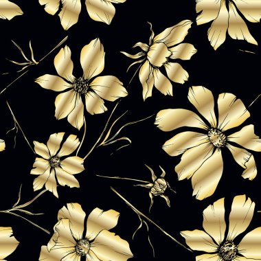 Vektör Cosmos çiçek botanik çiçekler. Siyah ve beyaz oyulmuş mürekkep sanatı. Kesintisiz arka plan deseni.