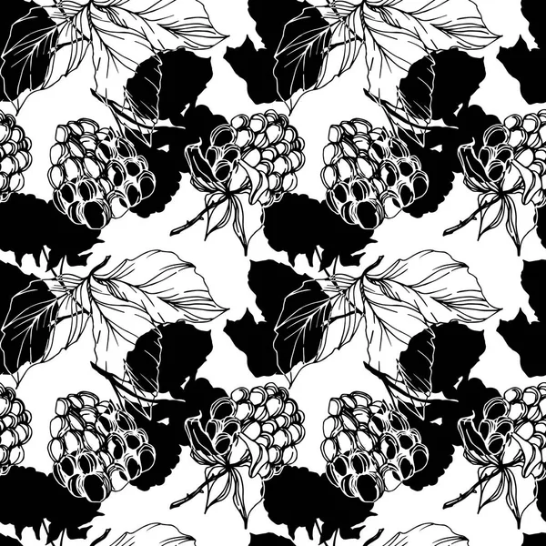 Vector Blackberry comida saludable. Tinta grabada en blanco y negro. Patrón de fondo sin costuras . — Vector de stock