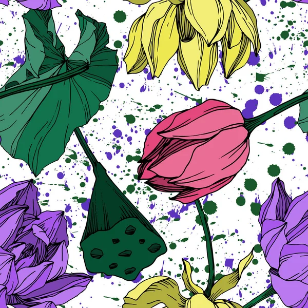 Flor botánica floral Vector Lotus. Tinta grabada en blanco y negro. Patrón de fondo sin costuras . — Vector de stock