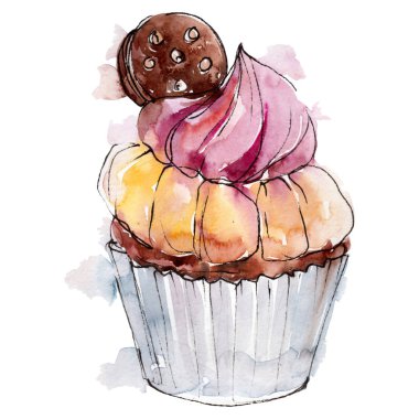 Suluboya tarzında lezzetli kek. Arka plan illüstrasyon seti. Suluboya çizim moda akuarelle izole.