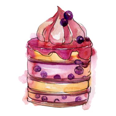 Suluboya tarzında lezzetli kek. Arka plan illüstrasyon seti. Suluboya çizim moda akuarelle izole.
