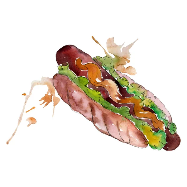 Hot dog Hamburger fast food isolado. Conjunto de ilustração de fundo aquarela. Isolado lanche ilustração elemento . — Fotografia de Stock