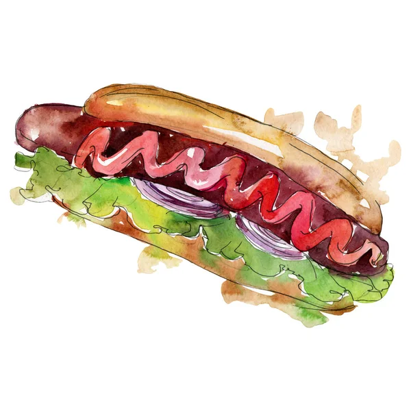 Hot dog Hamburger fast food isolato. Acquerello sfondo illustrazione set. Elemento di illustrazione snack isolato . — Foto Stock