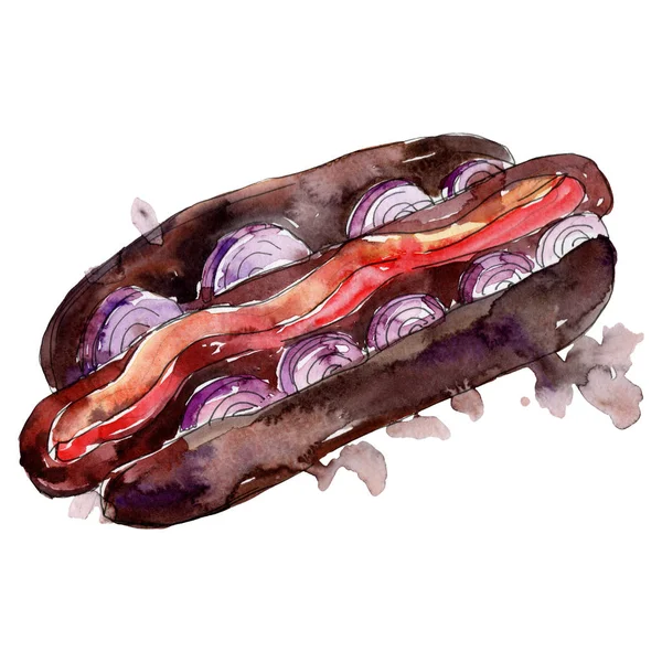 Hot Dog Hamburger Fast food na białym tle. Akwarela zestaw ilustracji tła. Na białym tle przekąska element ilustracji. — Zdjęcie stockowe