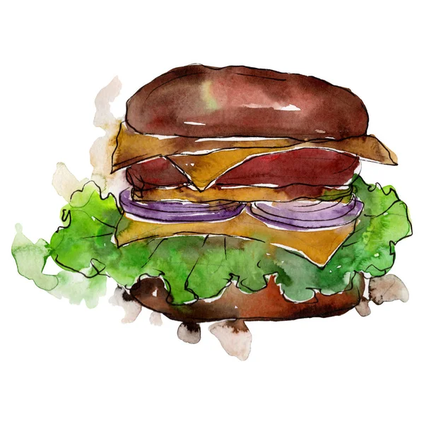 Hamburger fast food isolato. Acquerello sfondo illustrazione set. Elemento di illustrazione snack isolato . — Foto Stock