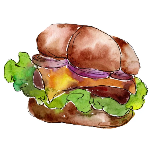 Hamburger fast food isolato. Acquerello sfondo illustrazione set. Elemento di illustrazione snack isolato . — Foto Stock