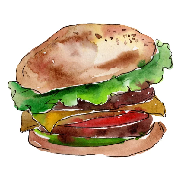 Hamburger Fast Food isoliert. Aquarell Hintergrundillustration Set. Isolierte Snack Illustration Element. — Stockfoto