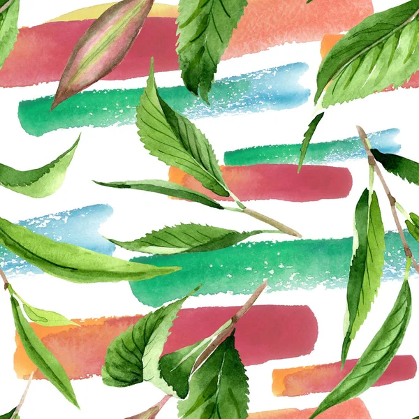 Groene thee bladeren. Aquarel achtergrond illustratie instellen. Naadloos achtergrond patroon. — Stockfoto
