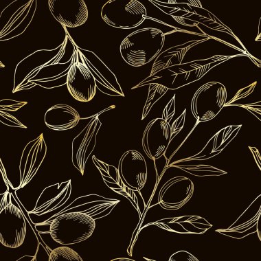 Meyve ile Vektör Zeytin dalı. Siyah ve beyaz oyulmuş mürekkep sanatı. Kesintisiz arka plan deseni.