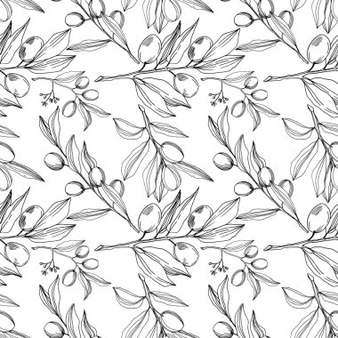 Meyve ile Vektör Zeytin dalı. Siyah ve beyaz oyulmuş mürekkep sanatı. Kesintisiz arka plan deseni.