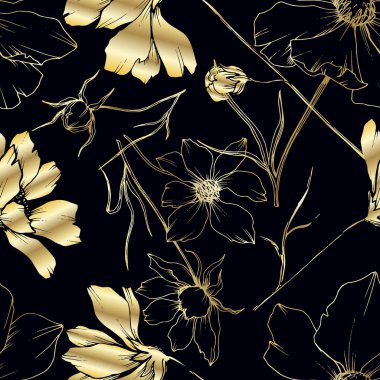 Vector Cosmos floral botanical flowers. Black and white engraved ink art. Seamless background pattern. clipart