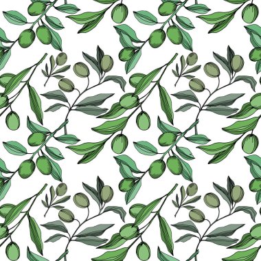 Meyve ile Vektör Zeytin dalı. Siyah ve beyaz oyulmuş mürekkep sanatı. Kesintisiz arka plan deseni.