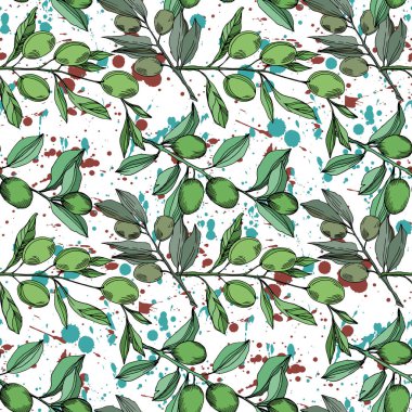 Meyve ile Vektör Zeytin dalı. Siyah ve beyaz oyulmuş mürekkep sanatı. Kesintisiz arka plan deseni.