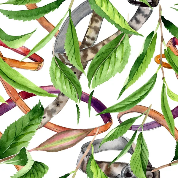 Folhas de chá verde. Conjunto de ilustração de fundo aquarela. Padrão de fundo sem costura . — Fotografia de Stock