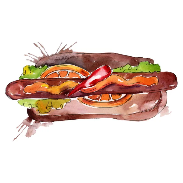 Hot Dog Fast Food isoliert. Aquarell Hintergrundillustration Set. Isolierte Snack Illustration Element. — Stockfoto