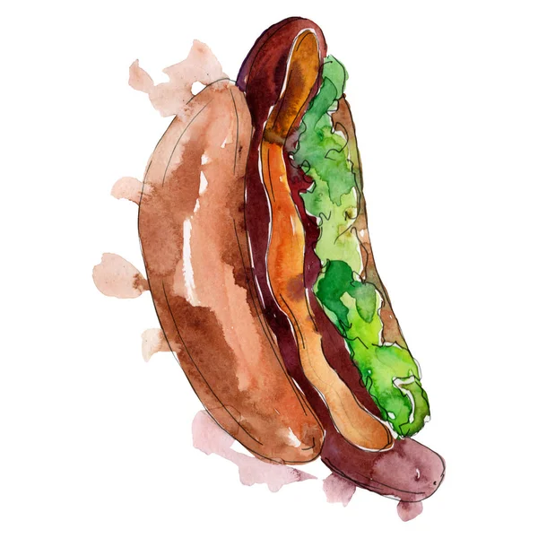 热狗快餐查出。水彩背景插图集。独立的小吃插图元素. — 图库照片