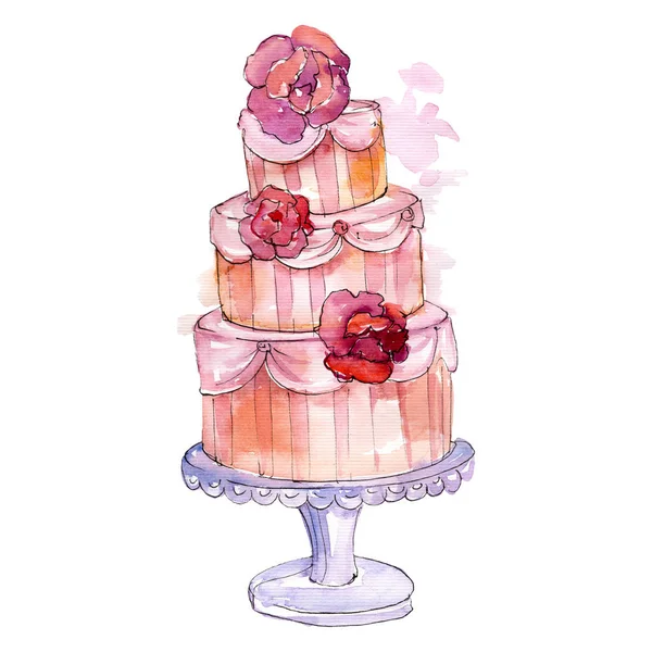 Chutný dort s květinami v akvarel izolovaný. Sladký dezert. Sada ilustrace pozadí. — Stock fotografie