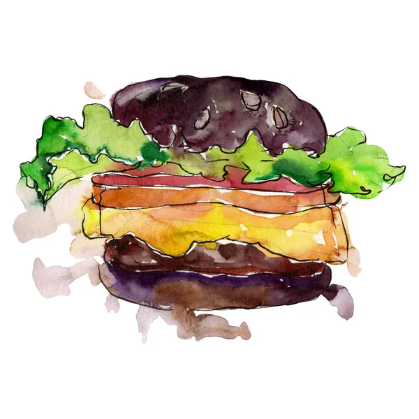 Hamburger Fast Food isoliert. Aquarell Hintergrundillustration Set. Isolierte Snack Illustration Element. — Stockfoto