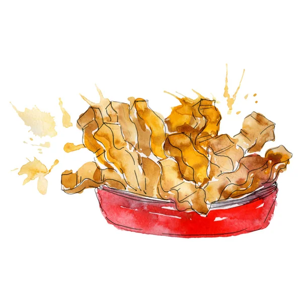 Kentang goreng makanan cepat saji dalam satu set gaya cat air. Ilustrasi makanan untuk latar belakang. Unsur kentang terisolasi . — Stok Foto