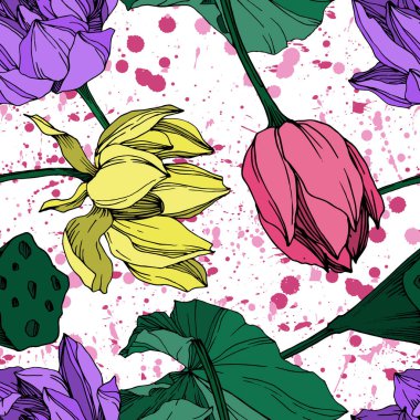 Vektör Lotus çiçek botanik çiçek. Siyah ve beyaz oyulmuş mürekkep sanatı. Kesintisiz arka plan deseni.