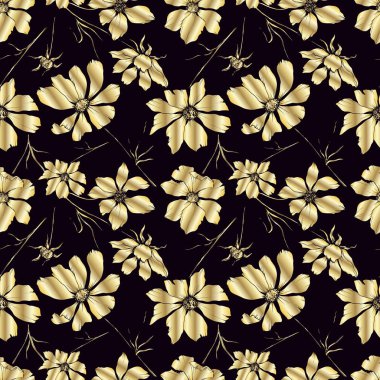 Vektör Cosmos çiçek botanik çiçekler. Siyah ve beyaz oyulmuş mürekkep sanatı. Kesintisiz arka plan deseni.