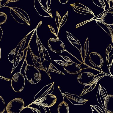 Meyve ile Vektör Zeytin dalı. Siyah ve beyaz oyulmuş mürekkep sanatı. Kesintisiz arka plan deseni.