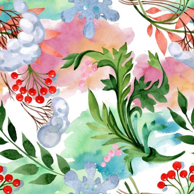 Kış süs elemanları. Suluboya arka plan illüstrasyon seti. Kesintisiz arka plan deseni.